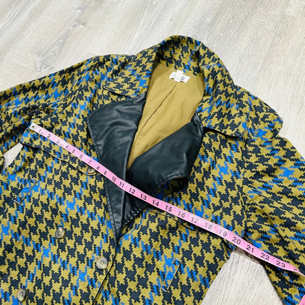 The Drop signedblake Houndstooth Trench Coat Olive Blue Faux Leather Trim M - Picture 7 of 16